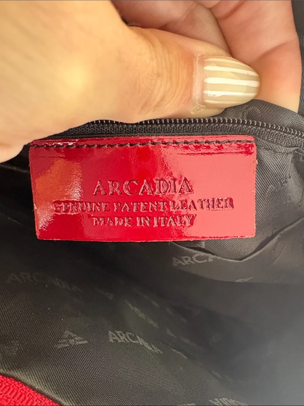 Arcadia Red Patent Satchel with Embossed Dot Pattern